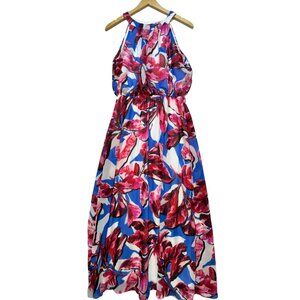 Signature By Robbie Bee Womens Maxi Halter Dress Size 12 Pink Blue Floral Summer